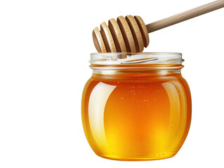 A close-up of a glass jar filled with golden honey and a retro wooden honey dipper, perfect for culinary uses and natural sweetness on transparent background.