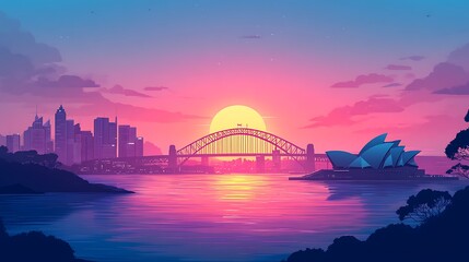 Obraz premium Minimalist flat illustration of Sydney's silhouette, including the Opera House and Harbour Bridge, with a soft ocean gradient transitioning from blue to pink, clean lines, simple shapes,
