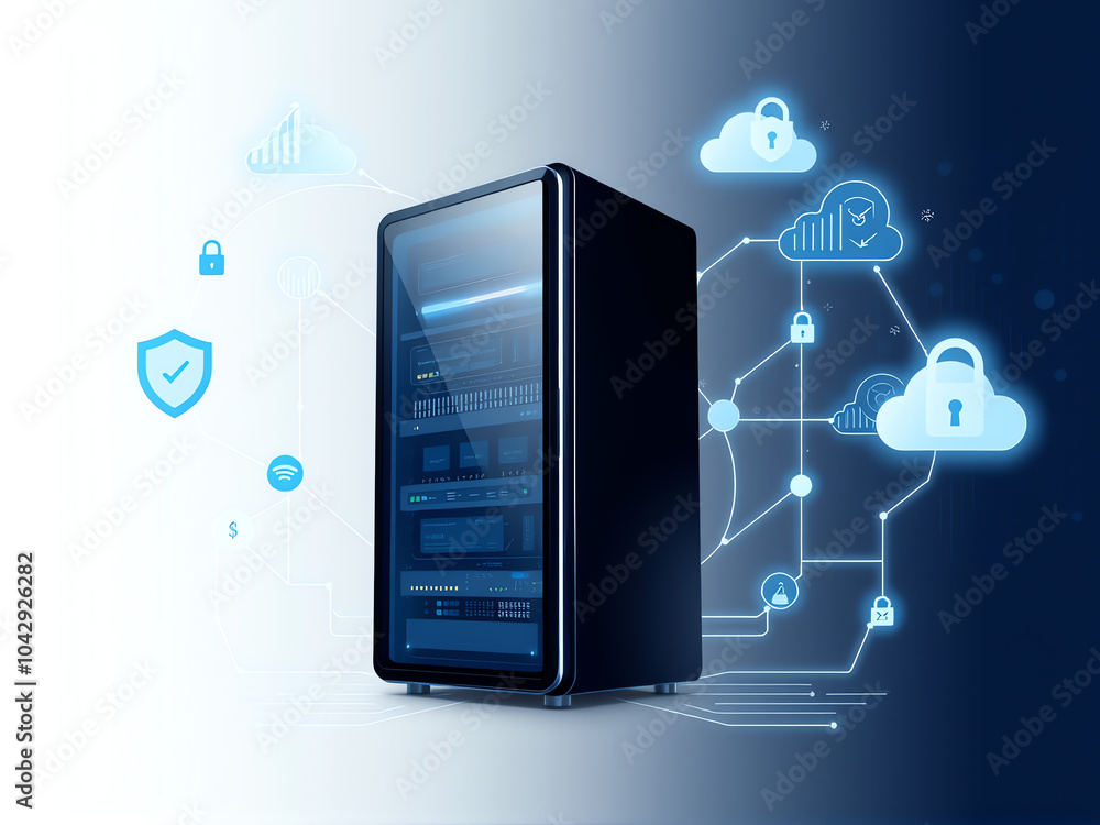 Poster server displaying a cloud icon alongside various other icons, symbolizing cloud computing and digita