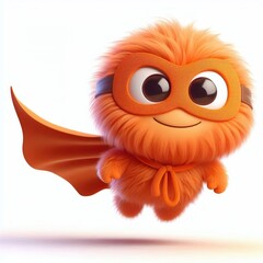 Obraz premium 3D superhero A little orange monster flying with a cloak and mask, fluffy, white background