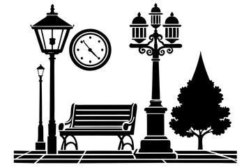 street clock and lamp post with park bench vector art illustration