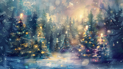 Magical forest with christmas trees and glowing lights christmas card style watercolor abstract artistic --ar 16:9 --v 6 Job ID: 0cf4cba4-94ce-484f-bc25-6fc20b6c9e1a