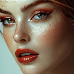 Naklejka premium Beautiful woman with eye makeup and red lips beauty close up studio portrait