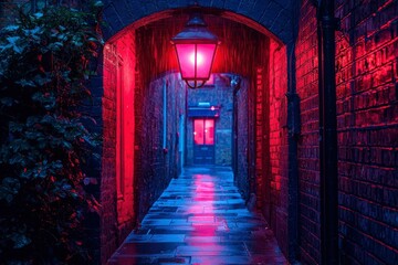 Fototapeta premium Red-Lit Brick Alleyway with Hanging Lantern in Rain