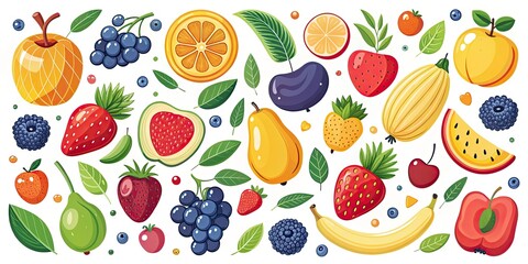 Modern Minimalistic Hand-Drawn Fruits and Berries Illustrations - Colorful Flat Designs on White Background for Fresh, Healthy Food Blog and Marketing Use