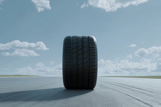 Car tire on an empty road under a clear sky