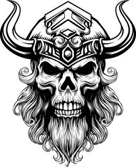 A Viking skull skeleton warrior or barbarian gladiator man mascot face looking strong wearing a helmet. In a retro vintage woodcut style.