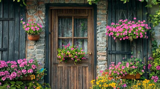 A wooden door with a window sits between brick walls, decorated with pink flowers in pots