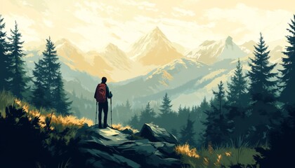 Naklejka premium A lone hiker stands on a rocky outcrop overlooking a mountain range