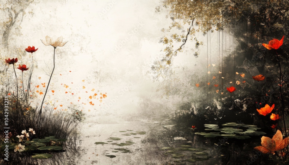 Poster a misty forest path with a stream flowing through it, surrounded by lush greenery and blooming flowe