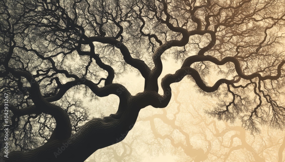 Poster a low angle view of a tree with gnarled branches reaching up into a hazy sky.
