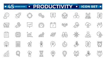 Productivity outline icon set. Containing efficiency, task, focus, multitasking, workflow, growth, routine, project management, automation and productivity. Editable stroke outline icon. 