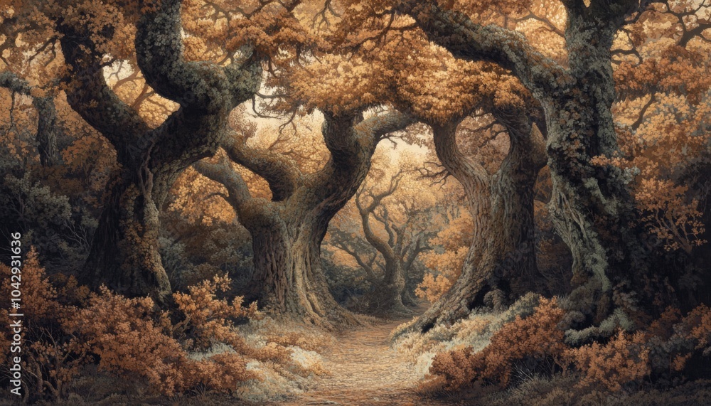 Poster a path through a dense forest with large, twisted trees and soft, muted lighting.