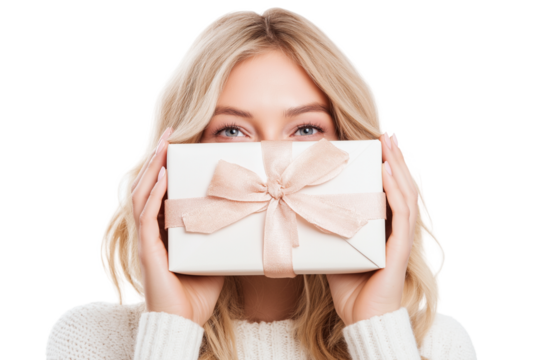Smiling Woman Holding Wrapped Gift in on transparent Background