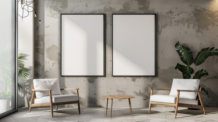 Fototapeta premium Modern minimalist living room with blank frames on concrete wall