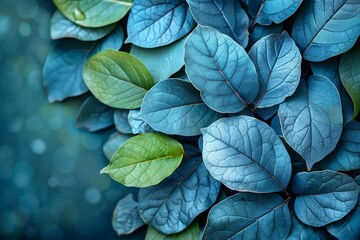 Beautiful green and blue leaves on blue background, top view. Nature concept.