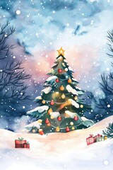Obraz premium A Christmas tree with lights and ornaments is surrounded by a snowy landscape. The scene is peaceful and serene, with the tree standing tall and proud in the midst of the winter wonderland