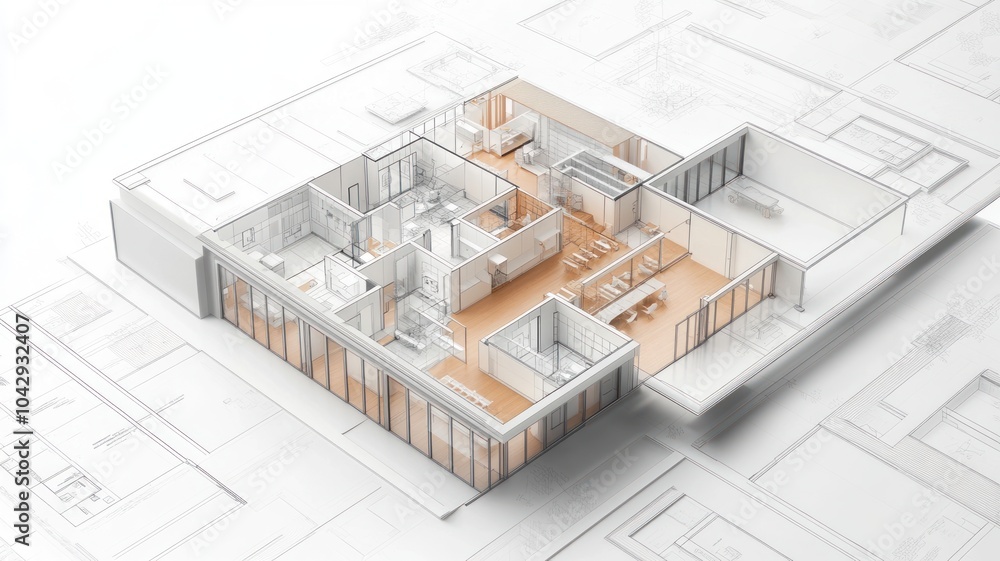 Poster a 3d architectural rendering of a modern building layout.
