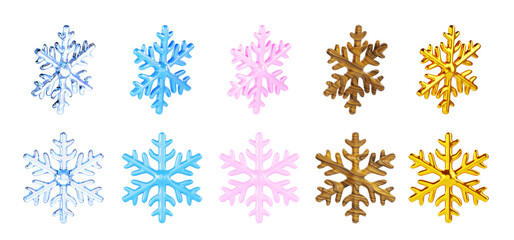 3d set of glass, ice crystal, wood and gold snowflake front and side view. Blue and pink snow flakes render icon for New Year and Christmas decor, cold winter, isolated design element. 3D illustration
