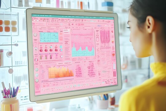 A person examines a vibrant, data-rich screen filled with colorful graphs and metrics in a modern workspace.