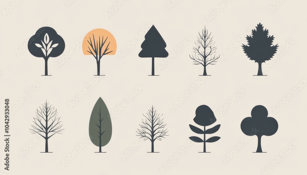 Poster a set of ten minimalist tree silhouettes with different shapes and colors on a light background.