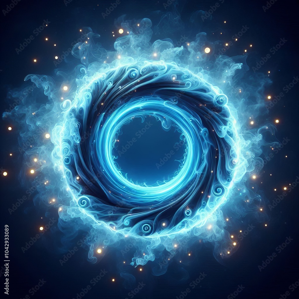 Aufkleber an abstract blue background with swirling light and glowing fractal patterns, blending waves of ener