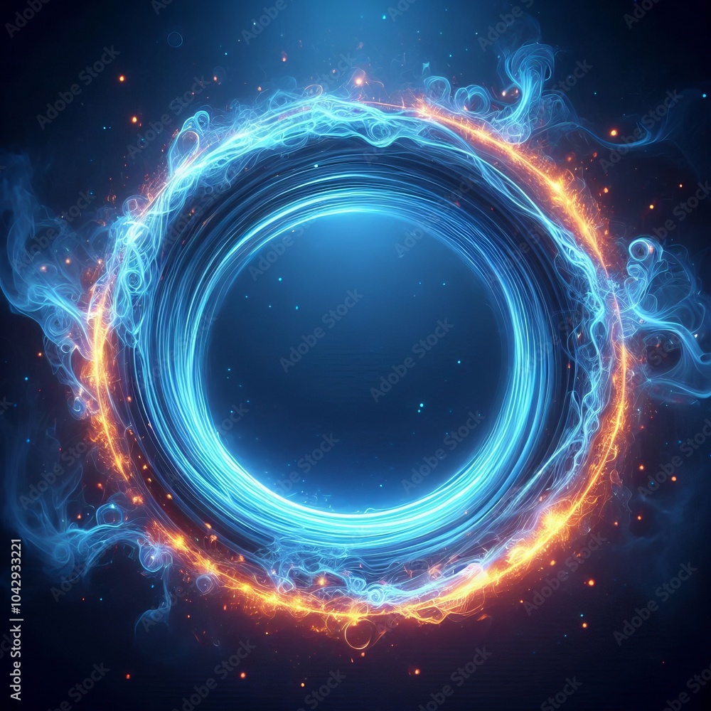 Aufkleber an abstract blue background with swirling light and glowing fractal patterns, blending waves of ener
