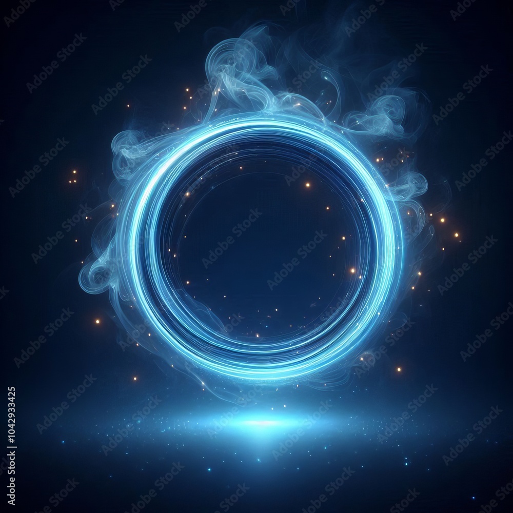 Poster an abstract blue background with swirling light and glowing fractal patterns, blending waves of ener