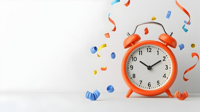 Minimalist 3D New Year s Card with Clock and Streamers