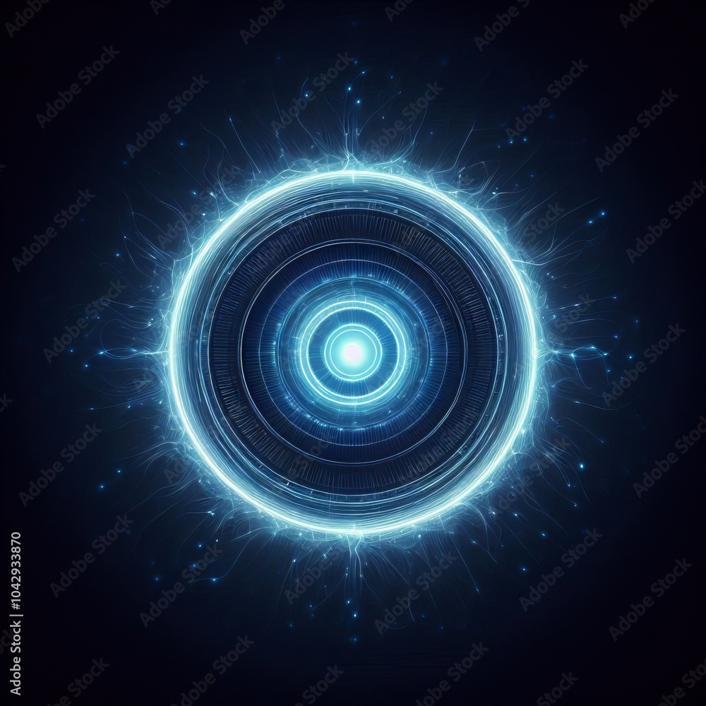 Poster an abstract blue background with swirling light and glowing fractal patterns, blending waves of ener
