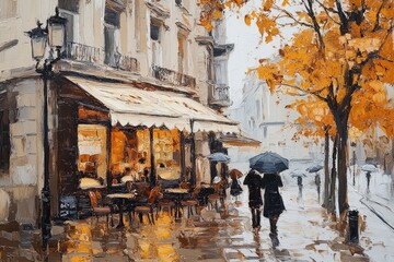 Cafe at the street of old European city autumn oil painting
