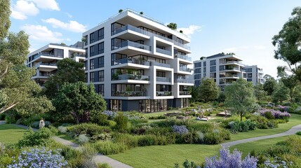 Fototapeta premium Modern Luxury Apartments with Green Space and Walking Paths