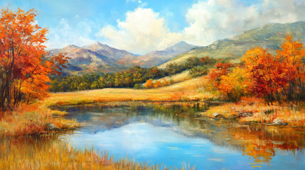 Naklejka premium A serene landscape of a quiet pond reflecting the vibrant autumn colors of the surrounding hills.
