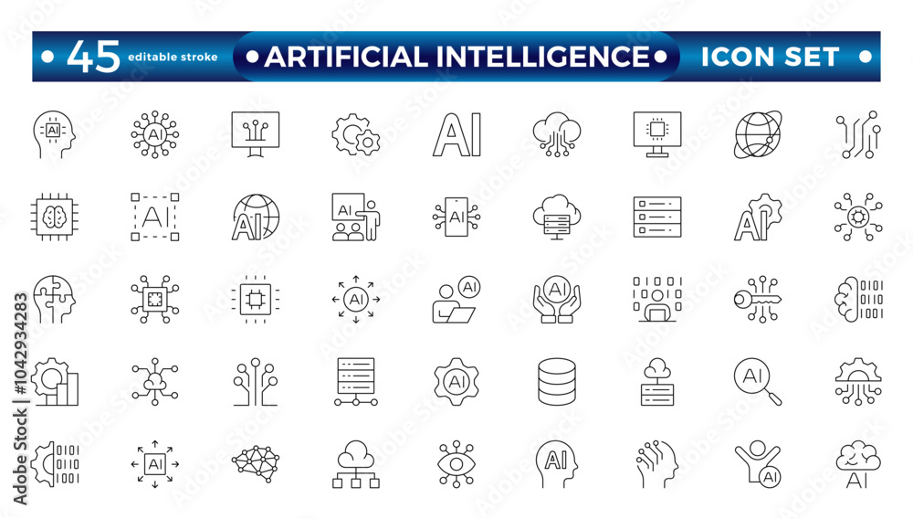 Fototapete Artificial intelligence set of outline web icons. AI technology icons for web and mobile app. Machine learning, digital AI technology, algorithm, smart robotics. Editable stroke outline icon. 

