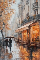 Cafe at the street of old European city autumn oil painting