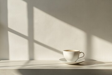 Fototapeta premium A cup of coffee on a table with sunlight. Perfect for coffee break or morning routine concepts.