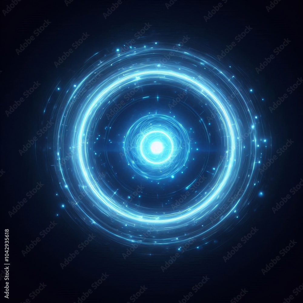 Poster abstract digital background featuring swirling blue circles and glowing patterns creating a futurist