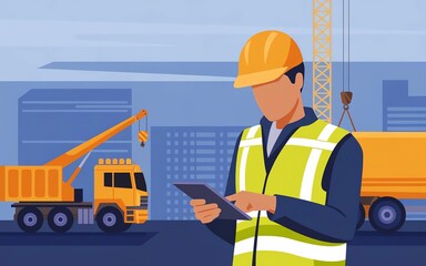 Fototapeta premium Construction worker using tablet on site, with trucks and cranes in the background.