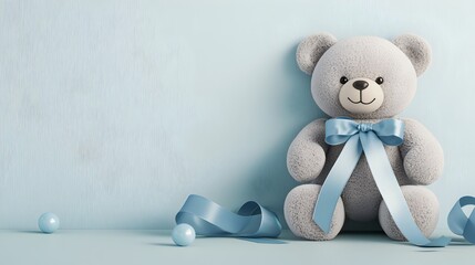 Adorable 3D Baby Boy Card with Blue Ribbons and Teddy Bear on Minimal Backdrop