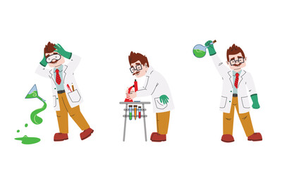 Scientist in different poses. Male character in linear flat style.