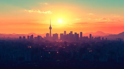 Seoul's skyline in silhouette, featuring N Seoul Tower and Lotte World Tower, with a calming gradient background, minimalist flat style, clean lines, soft color transitions, muted tones, hd quality.