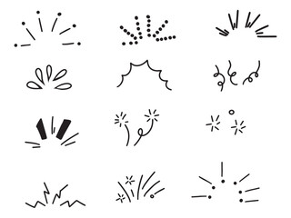 doodle brush ornament lines and surprise symbol. Sun burst, shocked frame, shine starburst elements on white background. Vector set