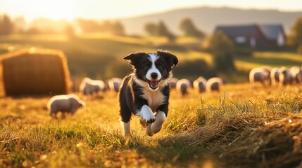 Playful puppy joyfully running in a grassy field during sunset, conveying vibrancy and freedom against a rural backdrop.