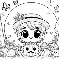 Coloring book illustration of a cute little girl character holding a Halloween pumpkin