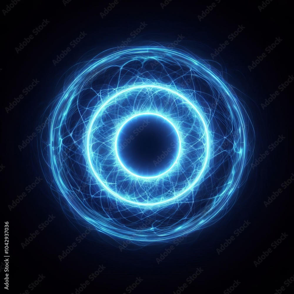 Poster abstract digital background featuring swirling blue circles and glowing patterns creating a futurist