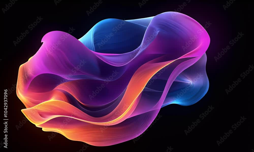 Poster a close-up of a colorful, neon-curved wave shape, with a dark background and gradient color scheme, 