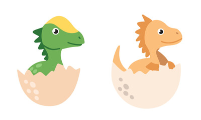 Two cute little dinosaurs in egg in flat style. Hand drawn vector art