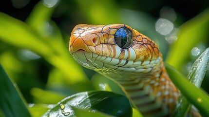Obraz premium A close-up of a vibrant snake among lush green leaves.