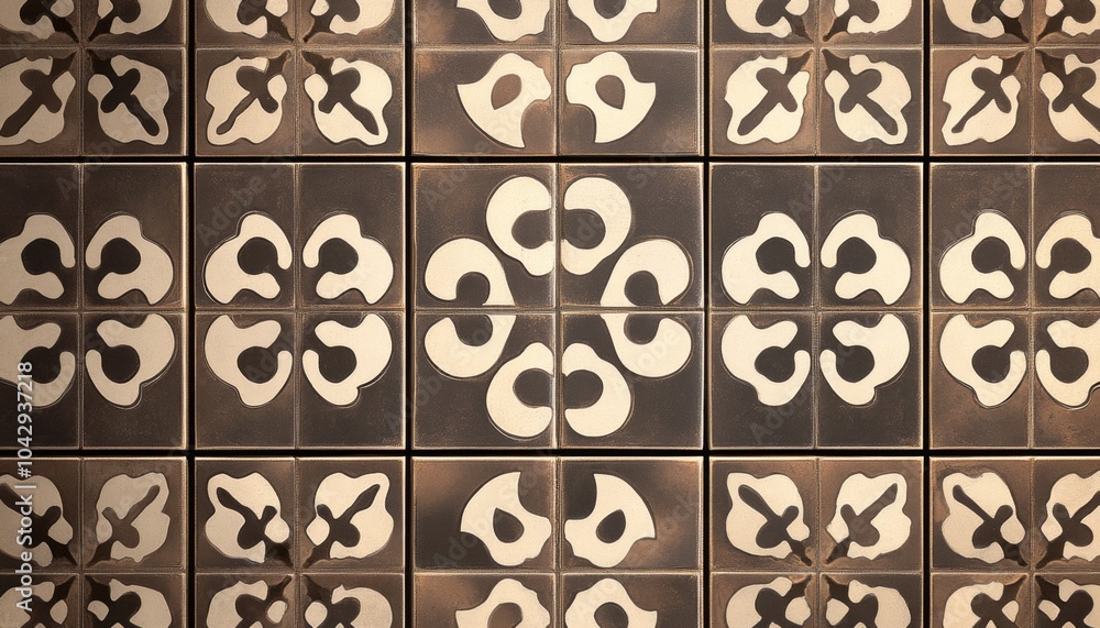Aufkleber a close-up of a tiled floor with a repeating pattern of white stylized flowers on a brown background