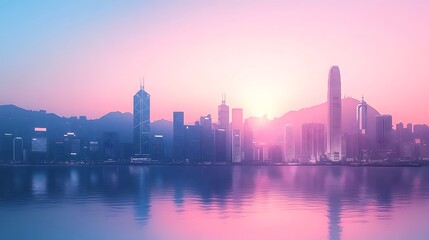 Obraz premium Silhouette of Hong Kong's skyline, including Victoria Peak and iconic skyscrapers, with a soft gradient background transitioning from pink to blue, minimalist flat design, clean lines,